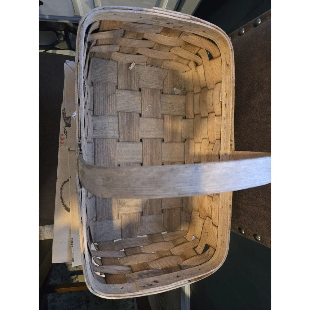 VTG Basketville Wood Woven Open Gathering Basket Fixed Handle Putney Vermont